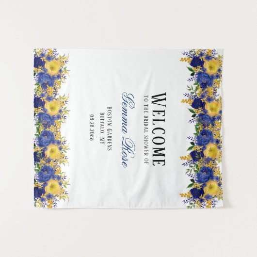 ブルーイエローウォーターカラー牡丹ブライダルシャワーへようこそ タペストリー (正面(横))