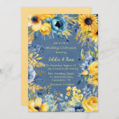 ブルーイエローウォーター色の牡丹結婚の 招待状 (正面/裏面)