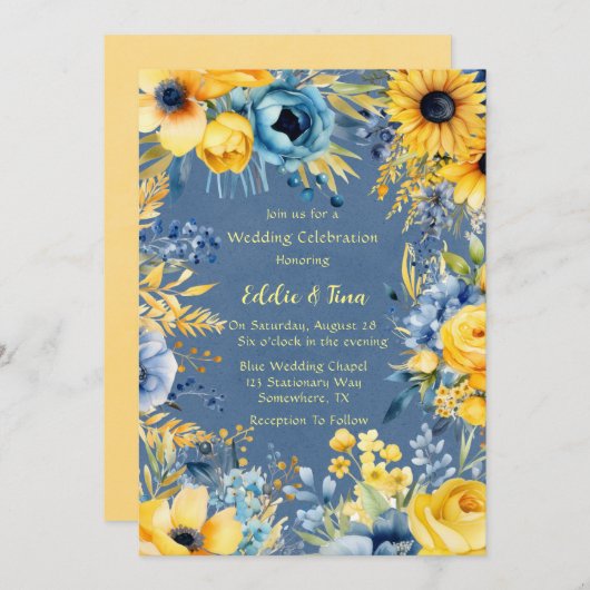 ブルーイエローウォーター色の牡丹結婚の 招待状 (正面/裏面)