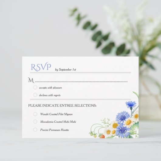 ブルーイエローウォーター色ワイルドフラワー結婚ズのRSVP 出欠カード (スタンド正面)