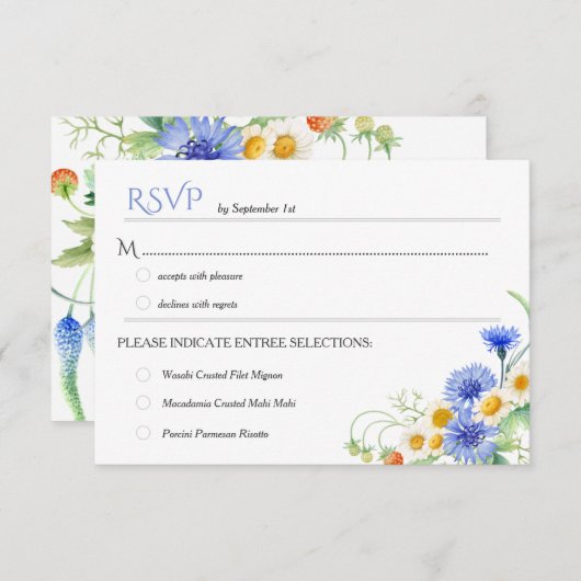 ブルーイエローウォーター色ワイルドフラワー結婚ズのRSVP 出欠カード (正面/裏面)