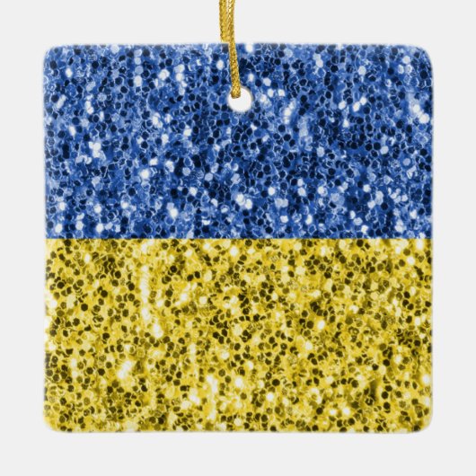 ブルーイエローウクライナ国旗のグリッターフェイクキラキラ セラミックオーナメント (正面)