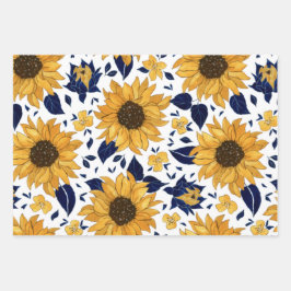 ブルーイエローグリーンオレンジの花模様 ラッピングペーパーシート