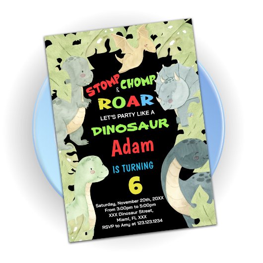 ブルーイエローグリーン恐竜誕生日招待状 招待状