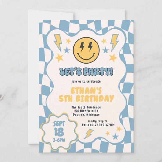 ブルーイエローグルーヴィ市松模様にスマイルレトロ誕生日 招待状 (正面)