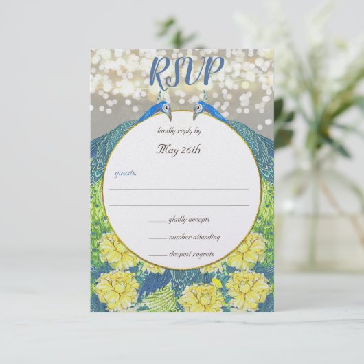 ブルーイエローグレーピーコック結婚式招待状RSVP 出欠カード (スタンド正面)