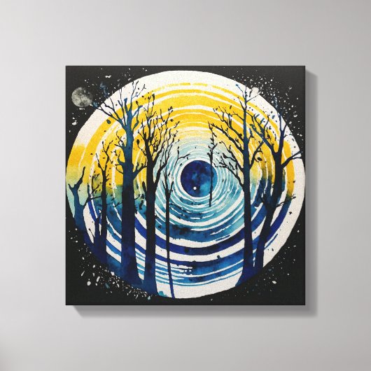 ブルーイエローサンセットフォレストウォーターカラーウォールアート キャンバスプリント (正面)