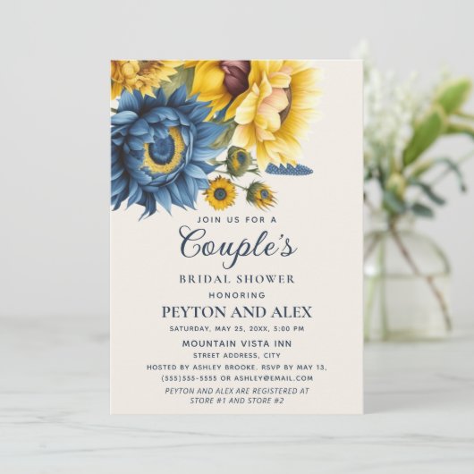 ブルーイエローサンフラワーズカップルのブライダルシャワー 招待状 (スタンド正面)