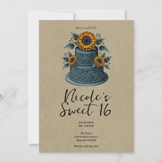 ブルーイエローサンフラワーティエケーキスウィート16誕生日 招待状 (正面)