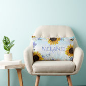 ブルーイエローサンフラワーワイルドフラワーモノグラム ランバークッション (椅子)