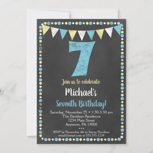 ブルーイエローシャルボード7番目の誕生日招待状 招待状 (正面)