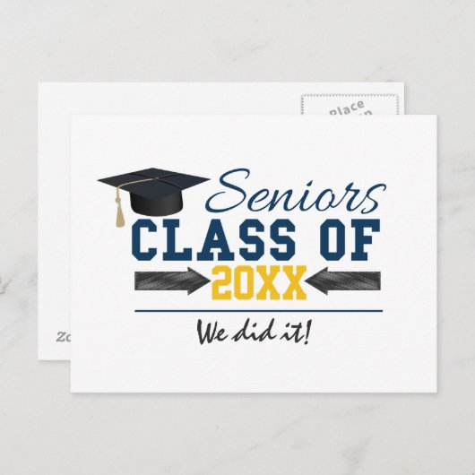 ブルーイエロータイポグラフィ卒業ギア 案内ポストカード (正面/裏面)