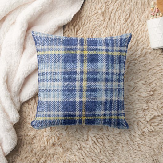 ブルーイエロータータンチェック：ファッショナブルなプレイド クッション (ブランケット)