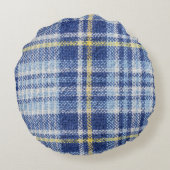 ブルーイエロータータンチェック：ファッショナブルなプレイド ラウンドクッション (裏面)