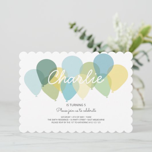 ブルーイエローバルーンかわいい誕生日招待状 招待状 (スタンド正面)