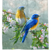 ブルーイエローバードさくらんぼブロッサムツリー絵画ズ シャワーカーテン (正面)