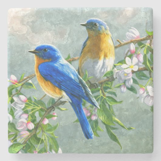 ブルーイエローバードさくらんぼブロッサムツリー絵画ズ ストーンコースター (正面)