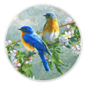 ブルーイエローバードさくらんぼブロッサムツリー絵画ズ セラミックノブ (正面)