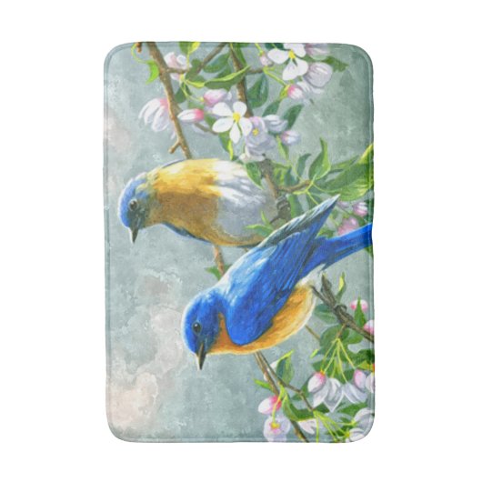 ブルーイエローバードさくらんぼブロッサムツリー絵画ズ バスマット (正面縦)