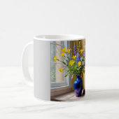 ブルーイエローパープル開花アート コーヒーマグカップ (正面左)