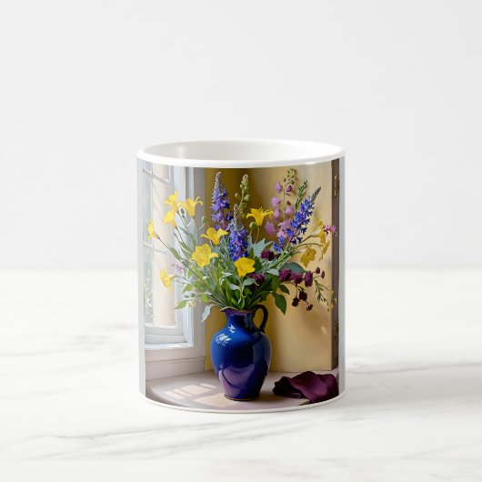 ブルーイエローパープル開花アート コーヒーマグカップ (中央)