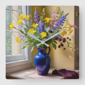 ブルーイエローパープル開花アート スクエア壁時計 (正面)