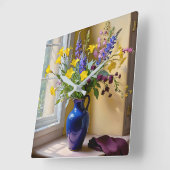 ブルーイエローパープル開花アート スクエア壁時計 (傾斜)