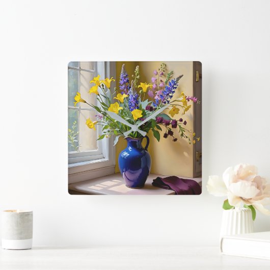 ブルーイエローパープル開花アート スクエア壁時計 (ホーム)