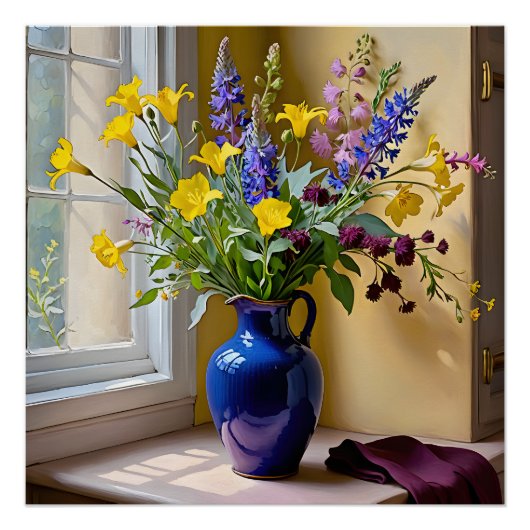 ブルーイエローパープル開花アート ポスター (正面)