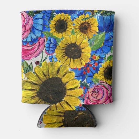 ブルーイエローピンクフローラシームレス 缶クーラー (正面)