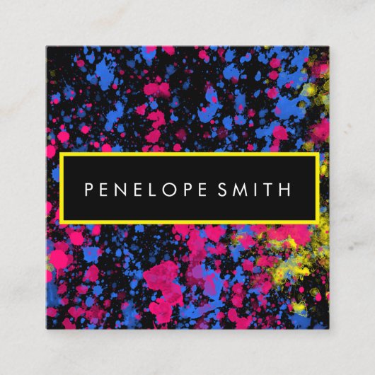 ブルーイエローピンクブラック（ばちゃばちゃ）跳ねる  スクエア名刺 (正面)