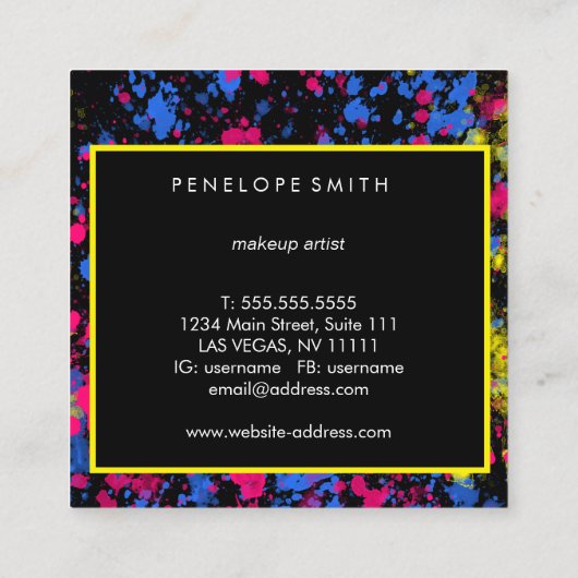 ブルーイエローピンクブラック(ばちゃばちゃ)跳ねる スクエア名刺 (裏面)