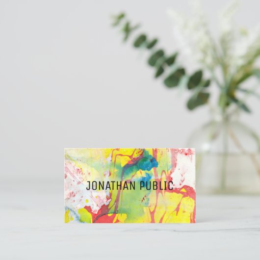 ブルーイエローピンクレッドモダン抽象芸術アーエレガントト 名刺 (スタンド正面)