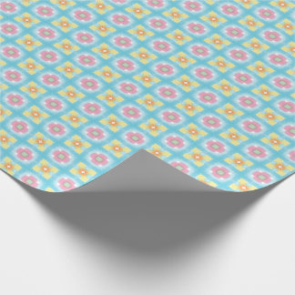 ブルーイエローピンク60s 70sフローラパター市松模様にン ラッピングペーパー