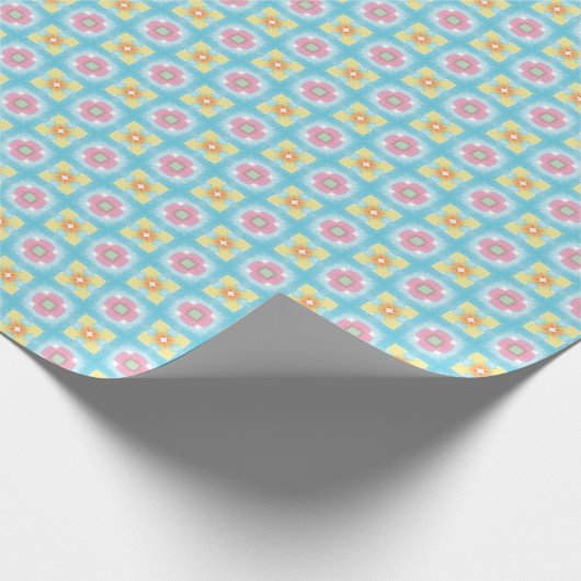 ブルーイエローピンク60s 70sフローラパター市松模様にン ラッピングペーパー (角)