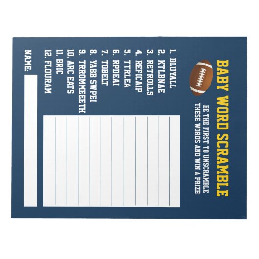 ブルーイエローフットボールの赤ちゃんシャワーゲーム ノートパッド (正面)