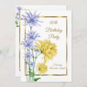 ブルーイエローフラワーズ金ゴールド誕生日パーティー招待状 招待状 (正面/裏面)