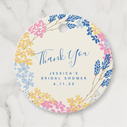 ブルーイエローフラワーリースカスタムブライダルシャワー フェイバータグ (正面)