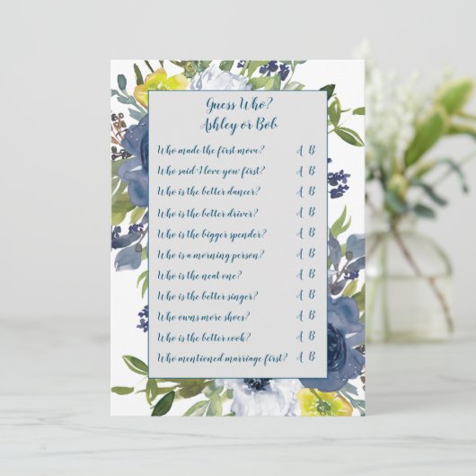 ブルーイエローフローラブライダルシャワーゲームカード 招待状 (スタンド正面)