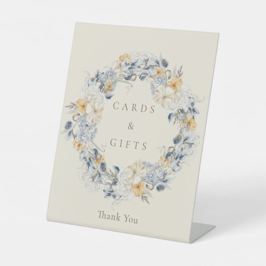 ブルーイエローフローラリースウェディングカードとギフト 台座サイン (正面)
