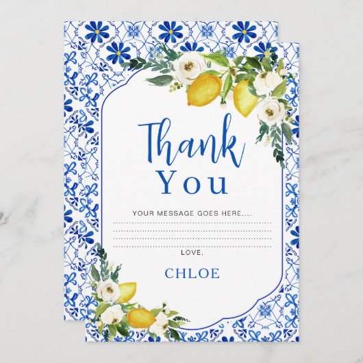 ブルーイエローフローラレモンブライダルサンキューカード 招待状 (正面/裏面)