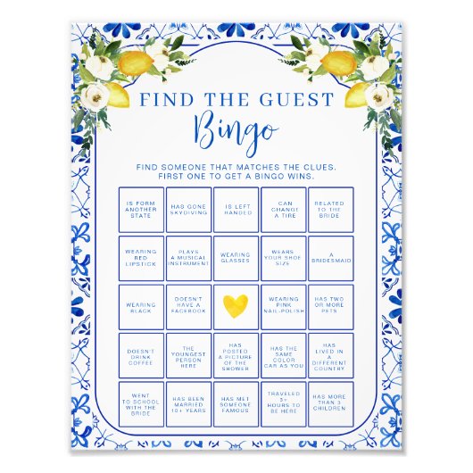 ブルーイエローフローラレモンブライダルシャワービンゴシート フォトプリント            (正面)