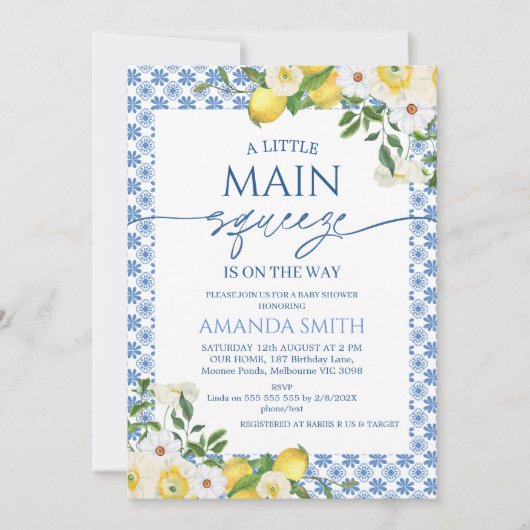 ブルーイエローフローラレモンメインスクイーズ赤ちゃんシャワー 招待状 (正面)