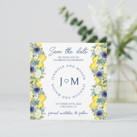 ブルーイエローフローラレモン日付写真を保存 招待状 (スタンド正面)
