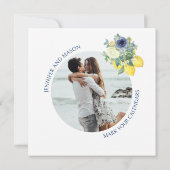 ブルーイエローフローラレモン日付写真を保存 招待状 (裏面)