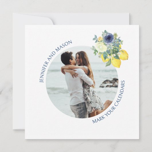 ブルーイエローフローラレモン日付写真を保存 招待状 (裏面)