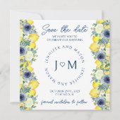 ブルーイエローフローラレモン日付写真を保存 招待状 (正面)