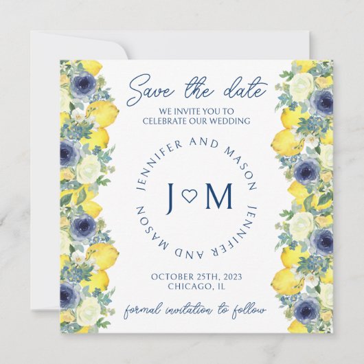 ブルーイエローフローラレモン日付写真を保存 招待状 (正面)
