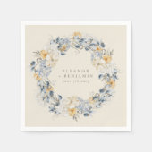 ブルーイエローフローラ水彩リース結婚ズ スタンダードカクテルナプキン (正面)