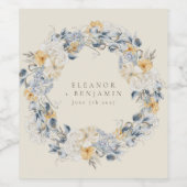 ブルーイエローフローラ水彩リース結婚ズ ワインラベル (シングルラベル)